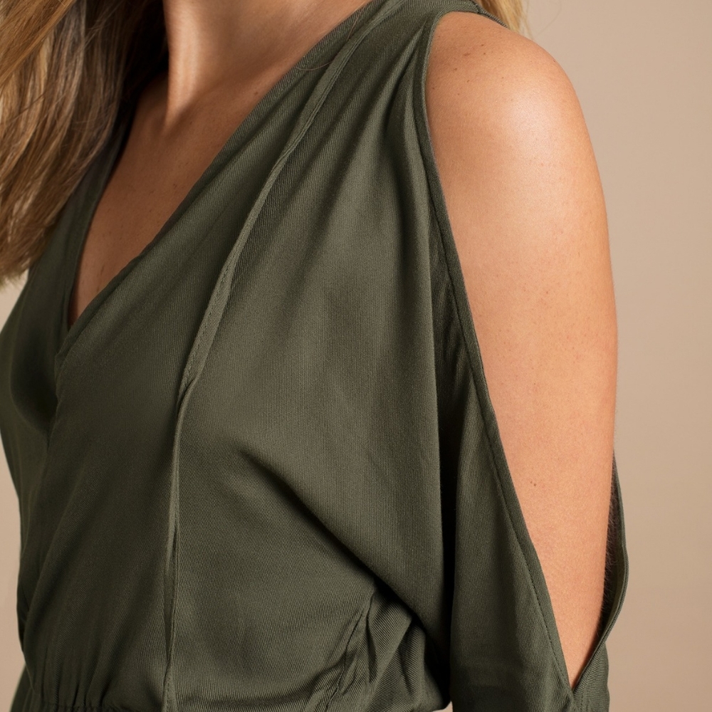 ❗BOGO❗Tobi Off the Shoulder Slit Deep V neck Olive Romper - Picture 2 of 3